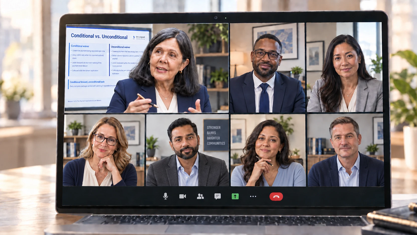 An instructor teaches a live group session to six bankers on a video call