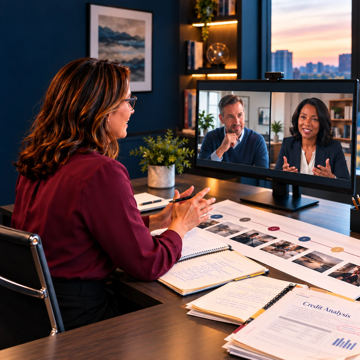 A curriculum designer on a video call with two bank leaders, a training plan and credit analysis materials on her desk
