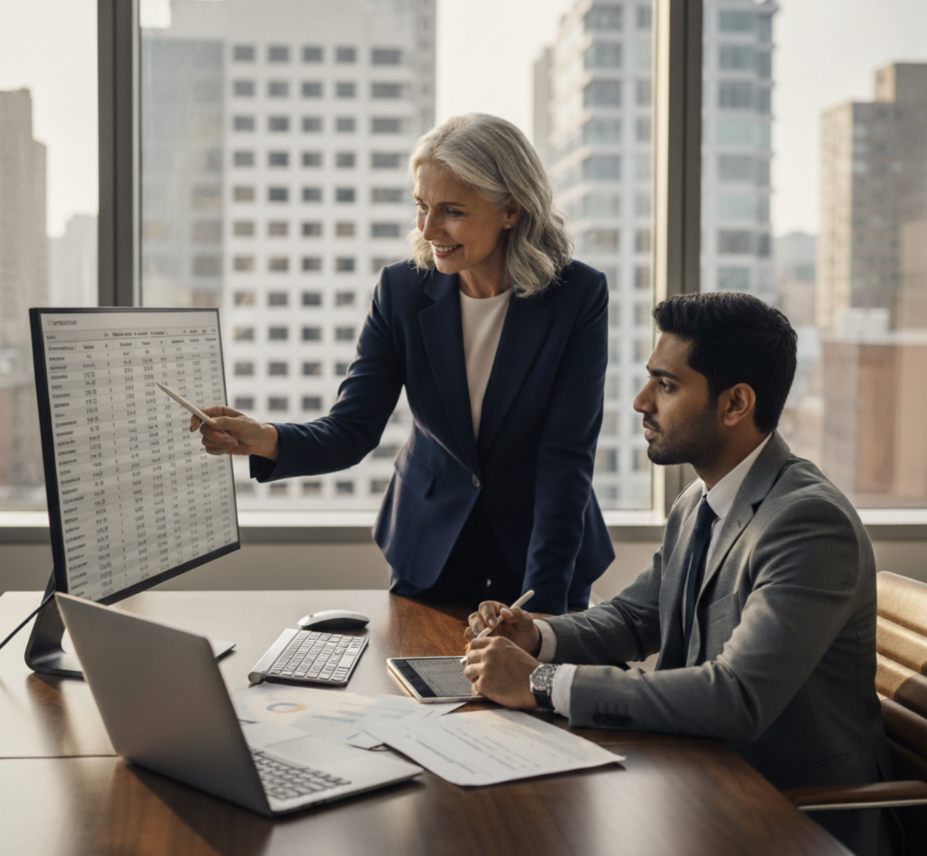 Two bankers reviewing financials at a desk
