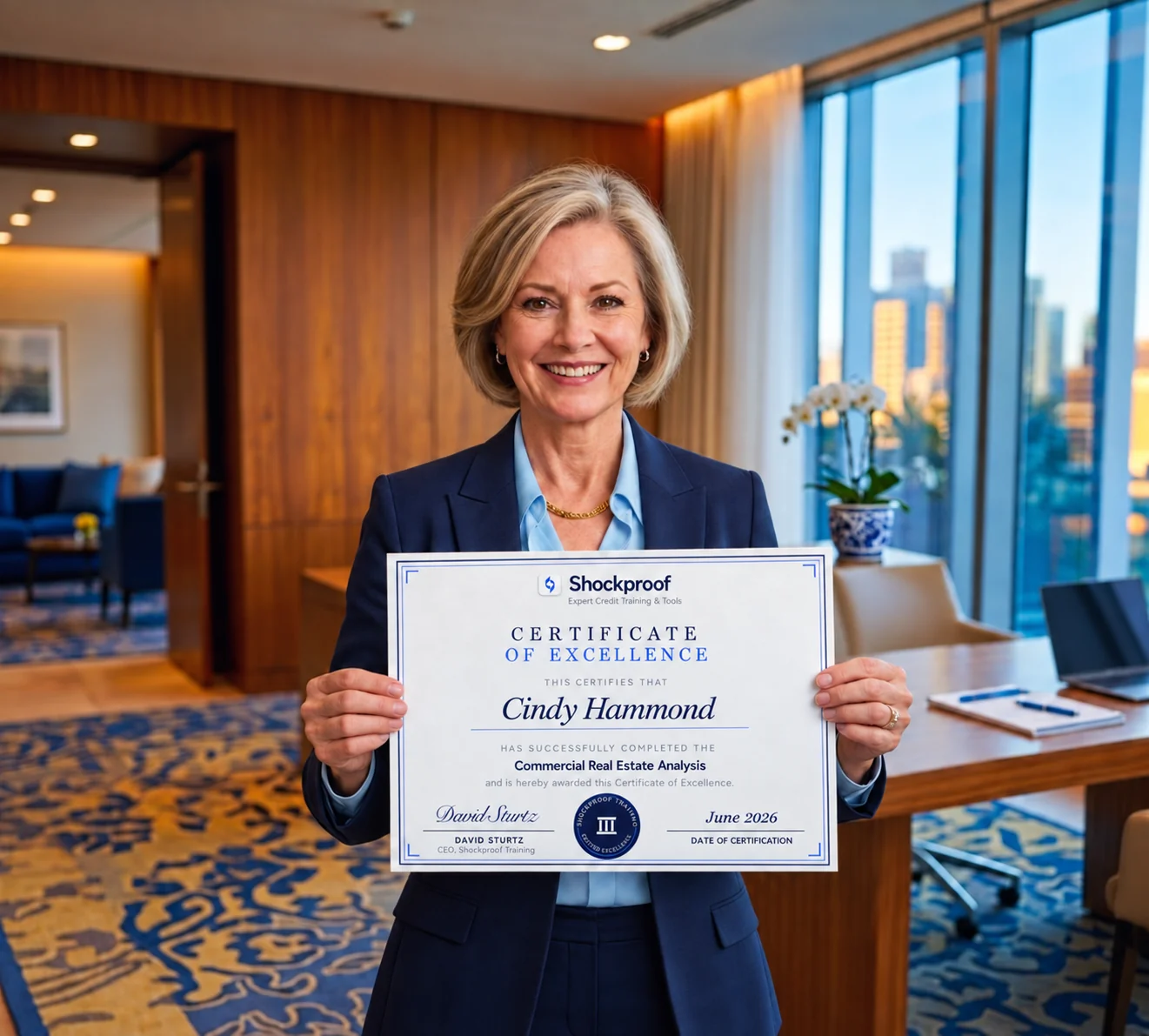 A banker in her office holding her Shockproof Certificate of Excellence