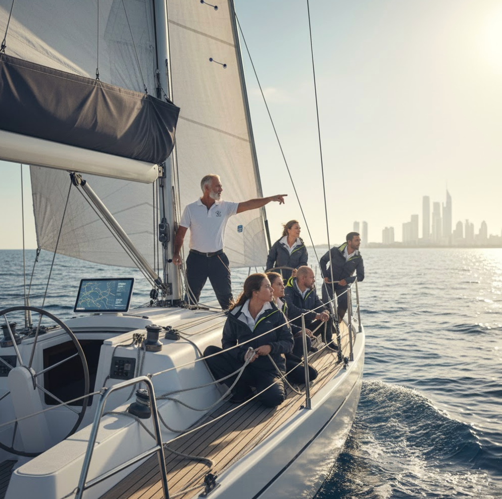 A captain pointing the way forward to his crew on a sailboat